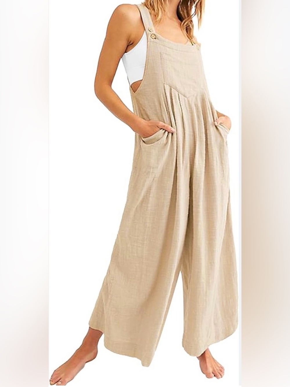 ELINGS Linen Blend Wide Leg Jumpsuit Overalls Beige Coastal Grandmother Boho L